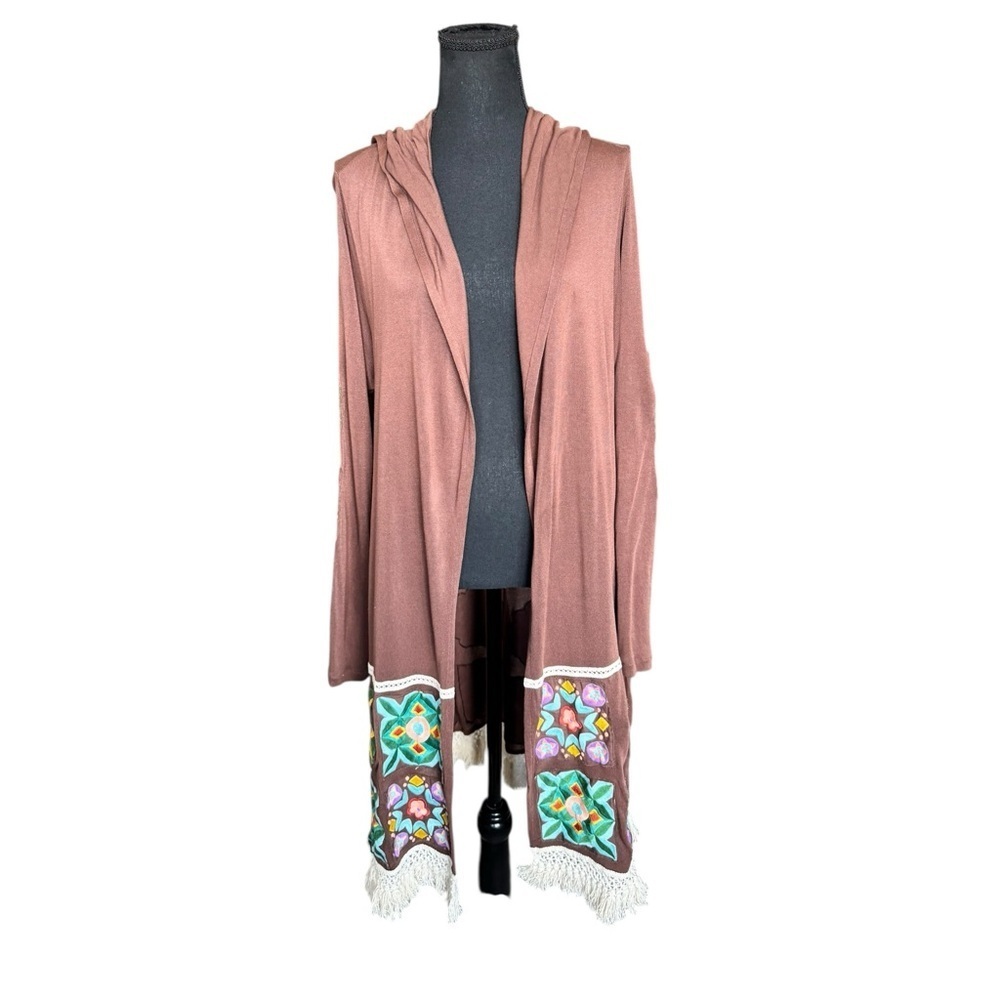 Judith March L Boho Hooded Cardigan Duster Embroidered Fringe Brown T12